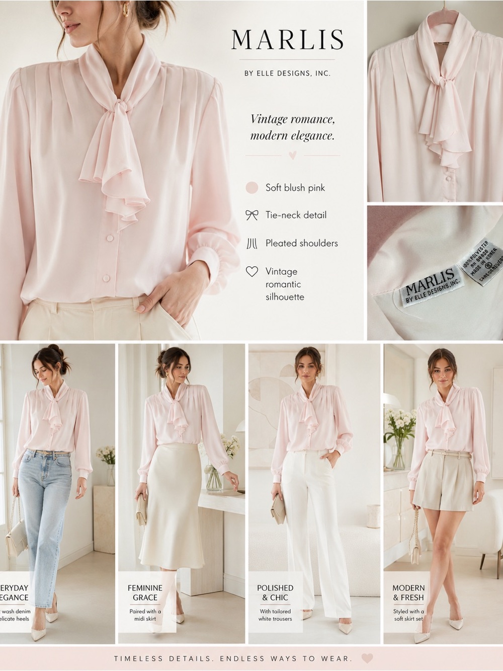 Vintage 80s Marlis by Elle Designs Blush Pink Tie-Neck Blouse Made in Korea